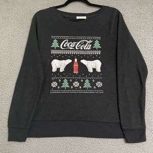 Coca-Cola Top Women Sz S Black Soft Fleece Sweatshirt Polar Bears Trees Classic
